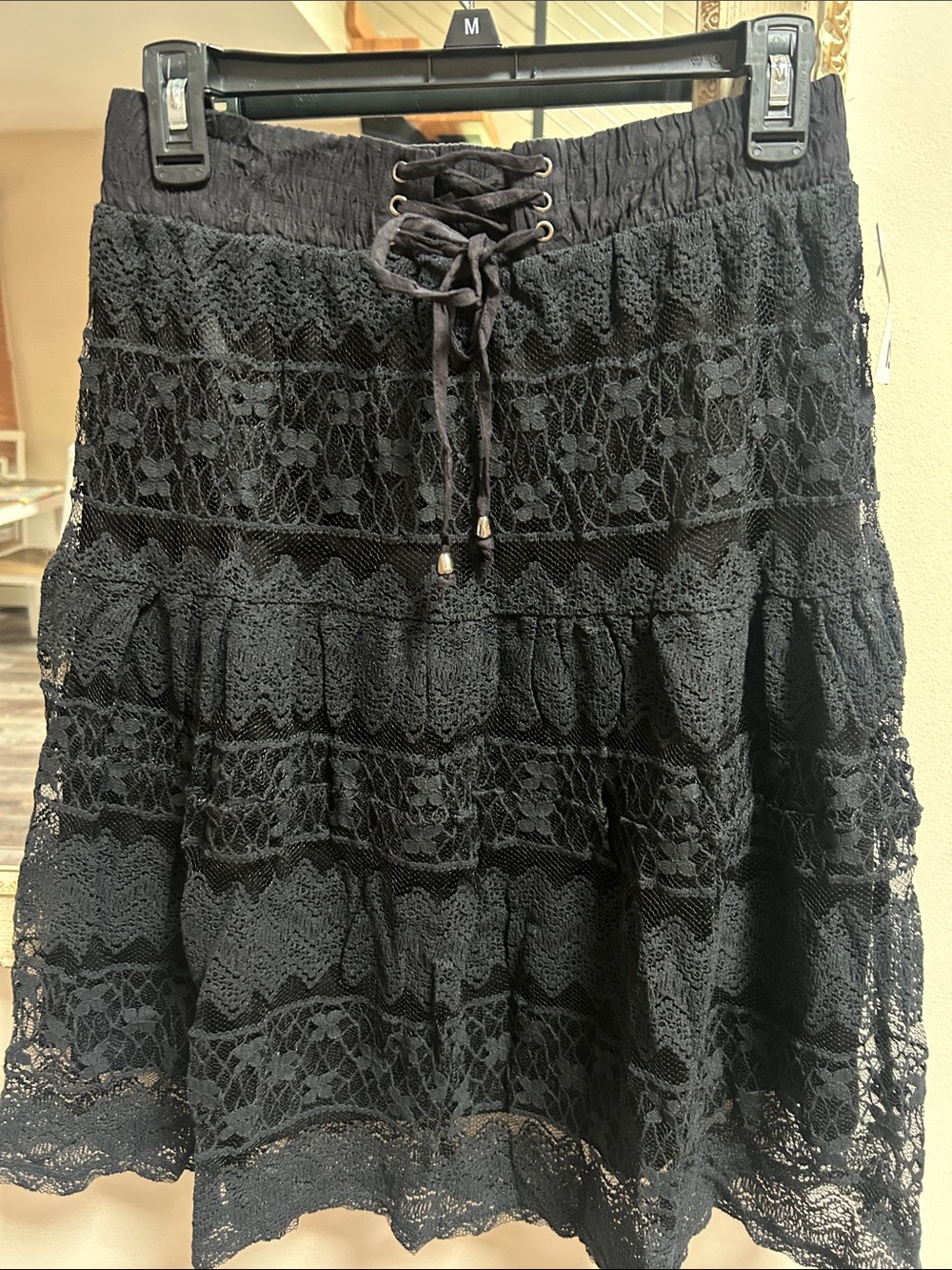 Lapis Black Lace Tiered A-Line Skirt with Drawstring